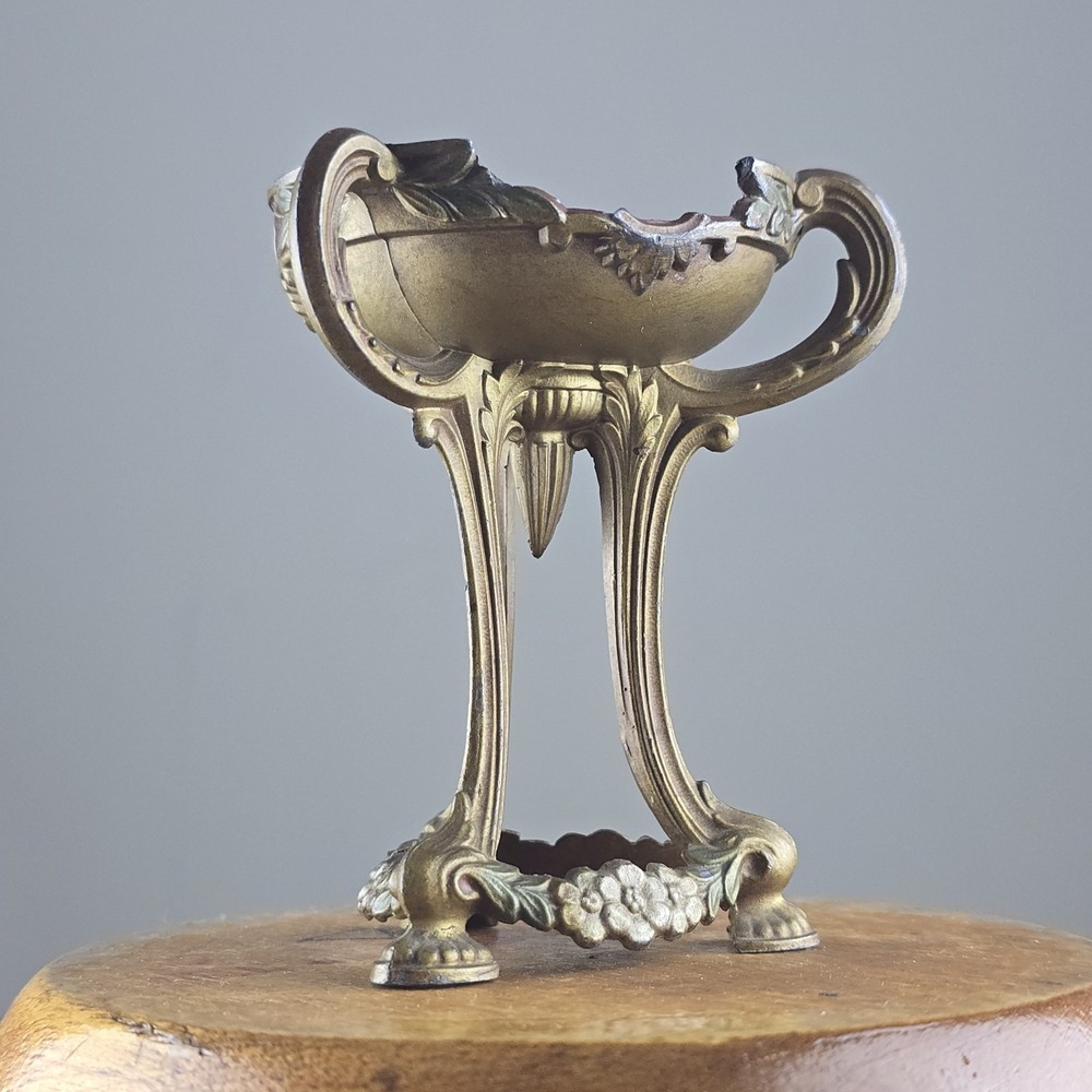 Antique Art Nouveau Spelter Incense Burner Censer Floral Tripod Bronze Finish